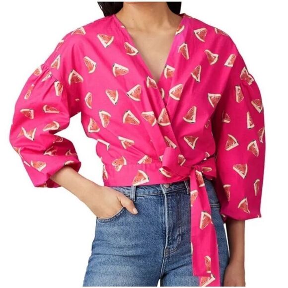 Color Me Courtney Pink Watermelon Print Wrap Crop Top  Size XSmall - Picture 1 of 8